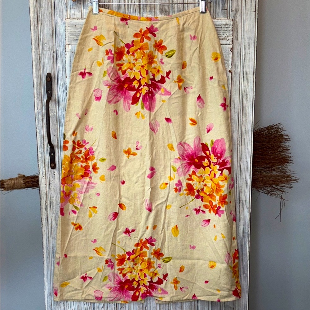 Liz Claiborne Linen Blend Midi A-Line Skirt Orange Pink Tan Size 4 Petite NWOT